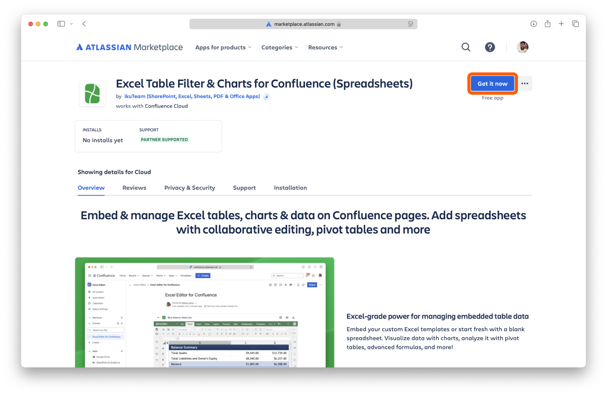 Excel for Confluence on the Atlassian Marketplace