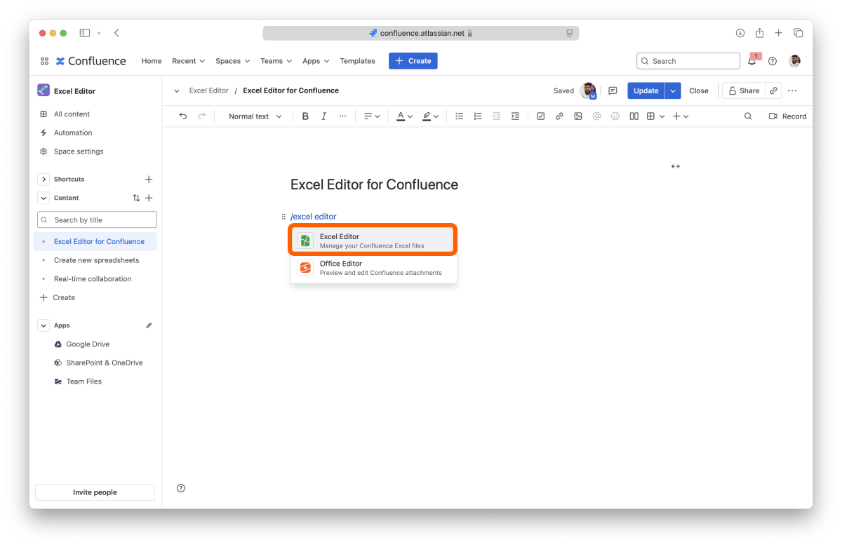 Adding the Excel for Confluence macro to a page