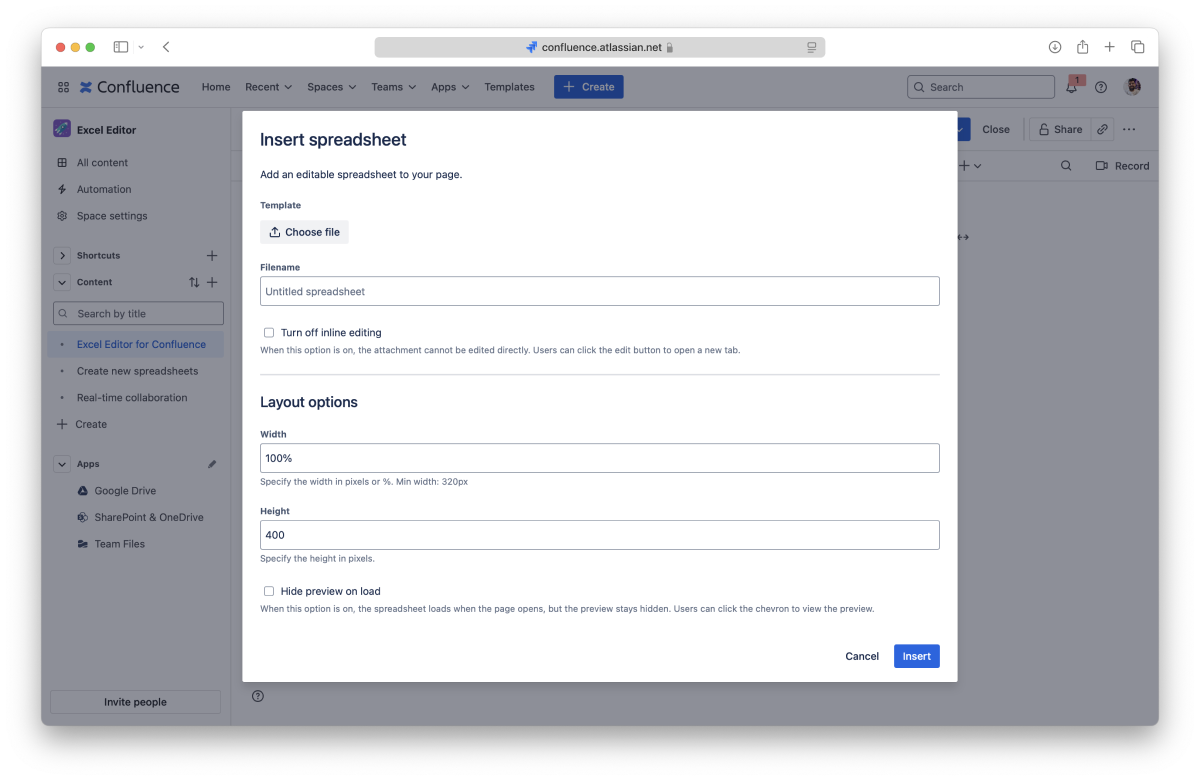 Insert spreadsheet dialog in Excel for Confluence