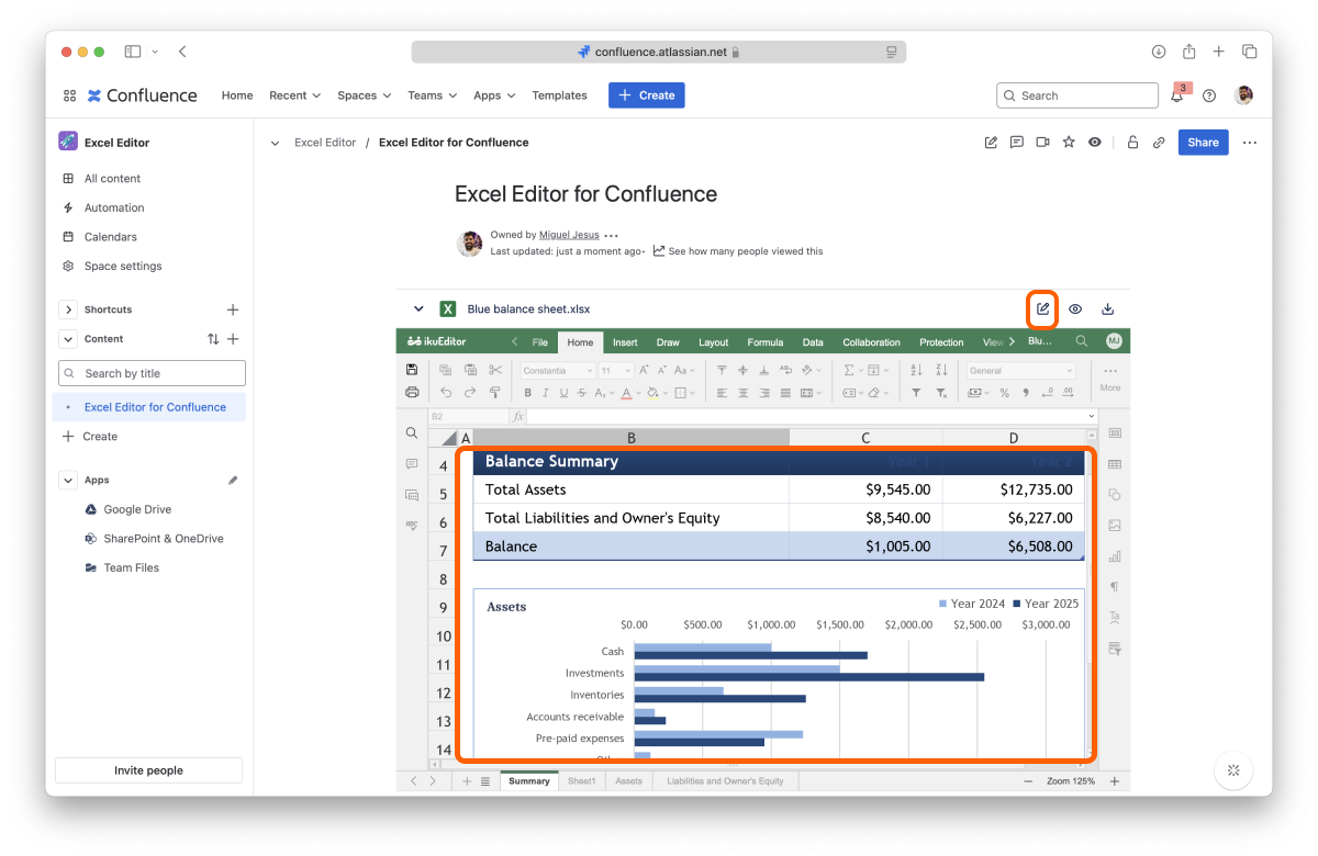 Edit button and inline editing in Excel for Confluence