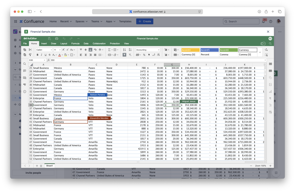 Editing a spreadsheet with real-time collaboration in Excel for Confluence