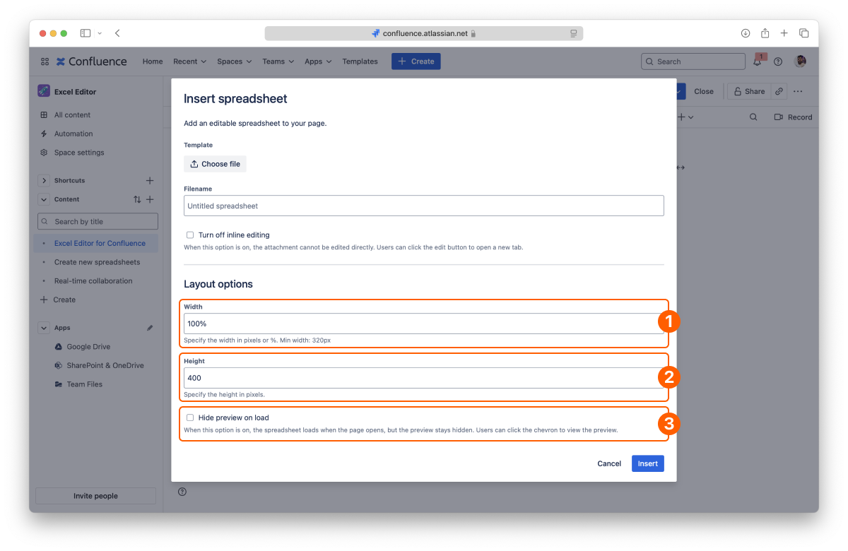 Layout options in the Excel for Confluence macro settings