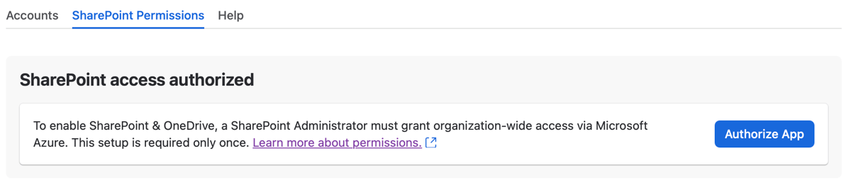 “SharePoint Permissions” tab in the ikuTeam Files settings with the “Authorize App” button