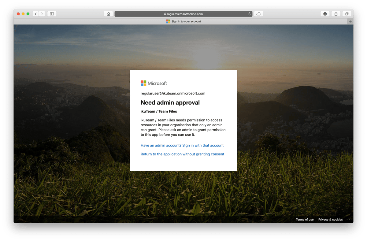 Microsoft sign-in page showing the “Need admin approval” message for ikuTeam Files