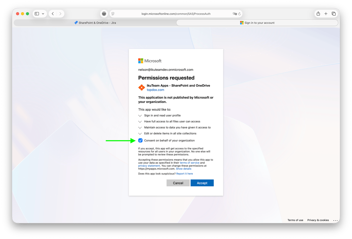 Microsoft “Permissions requested” page with the option to consent on behalf of the organization