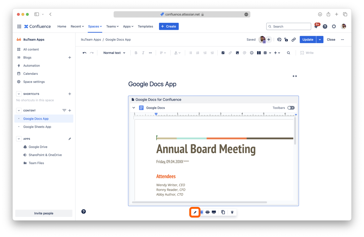 Google document added to a Confluence page in edit mode