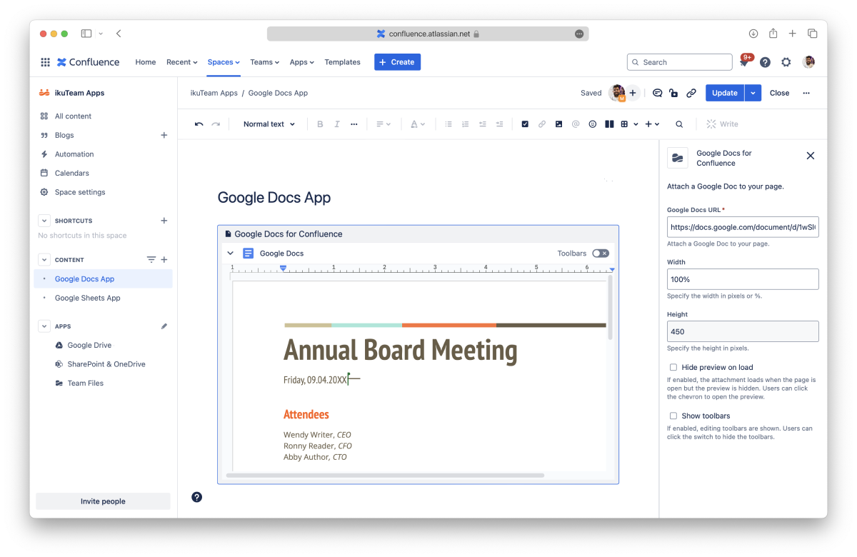 Google Docs for Confluence macro settings in the page editor