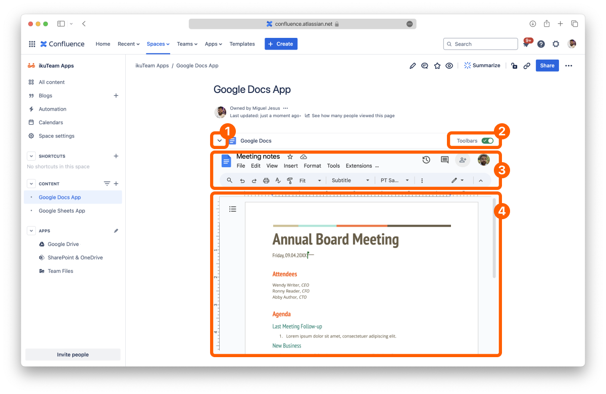 Google document displayed on a Confluence page