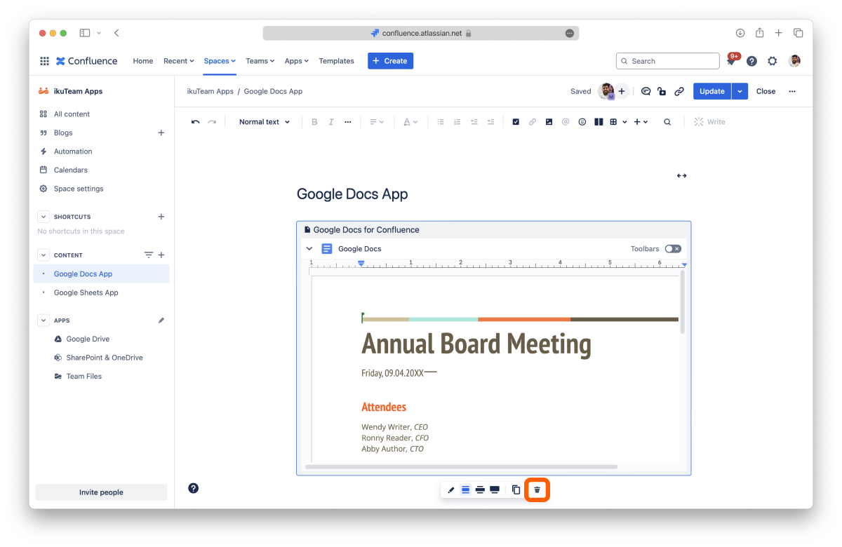 Delete button for the Google Docs macro in the page editor