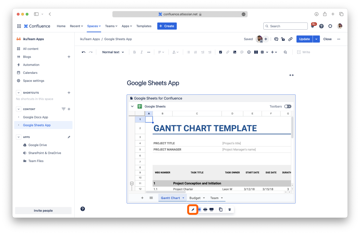 Google spreadsheet added to a Confluence page in edit mode