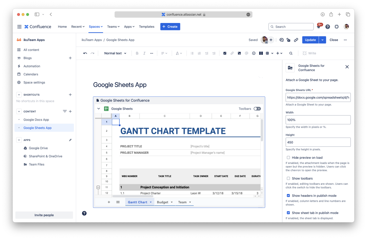 Google Sheets for Confluence macro settings in the page editor