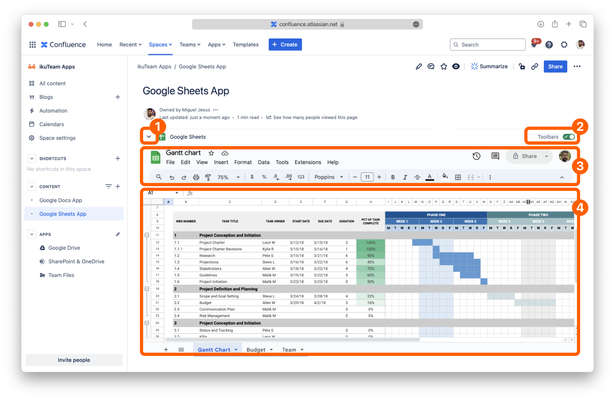 Google spreadsheet displayed on a Confluence page