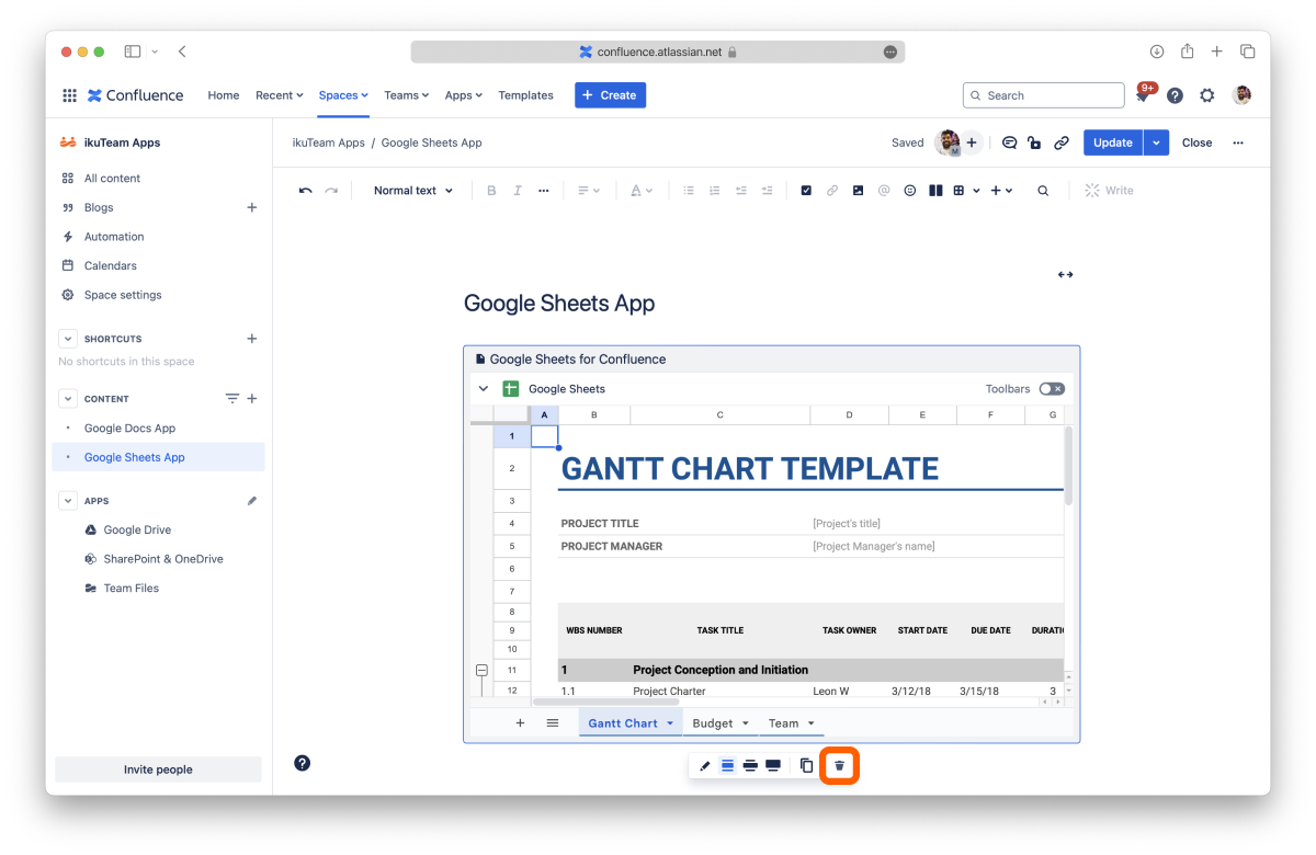 Delete button for the Google Sheets macro in the page editor