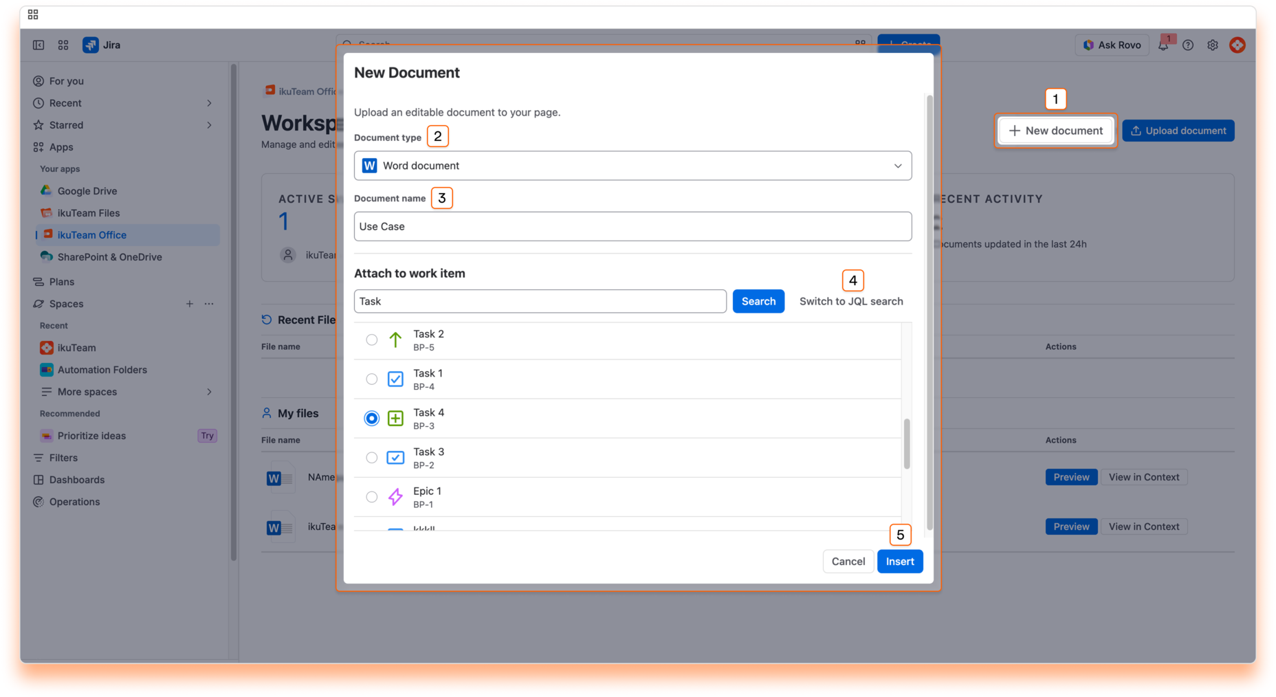 Create new document in ikuTeam Office for Jira