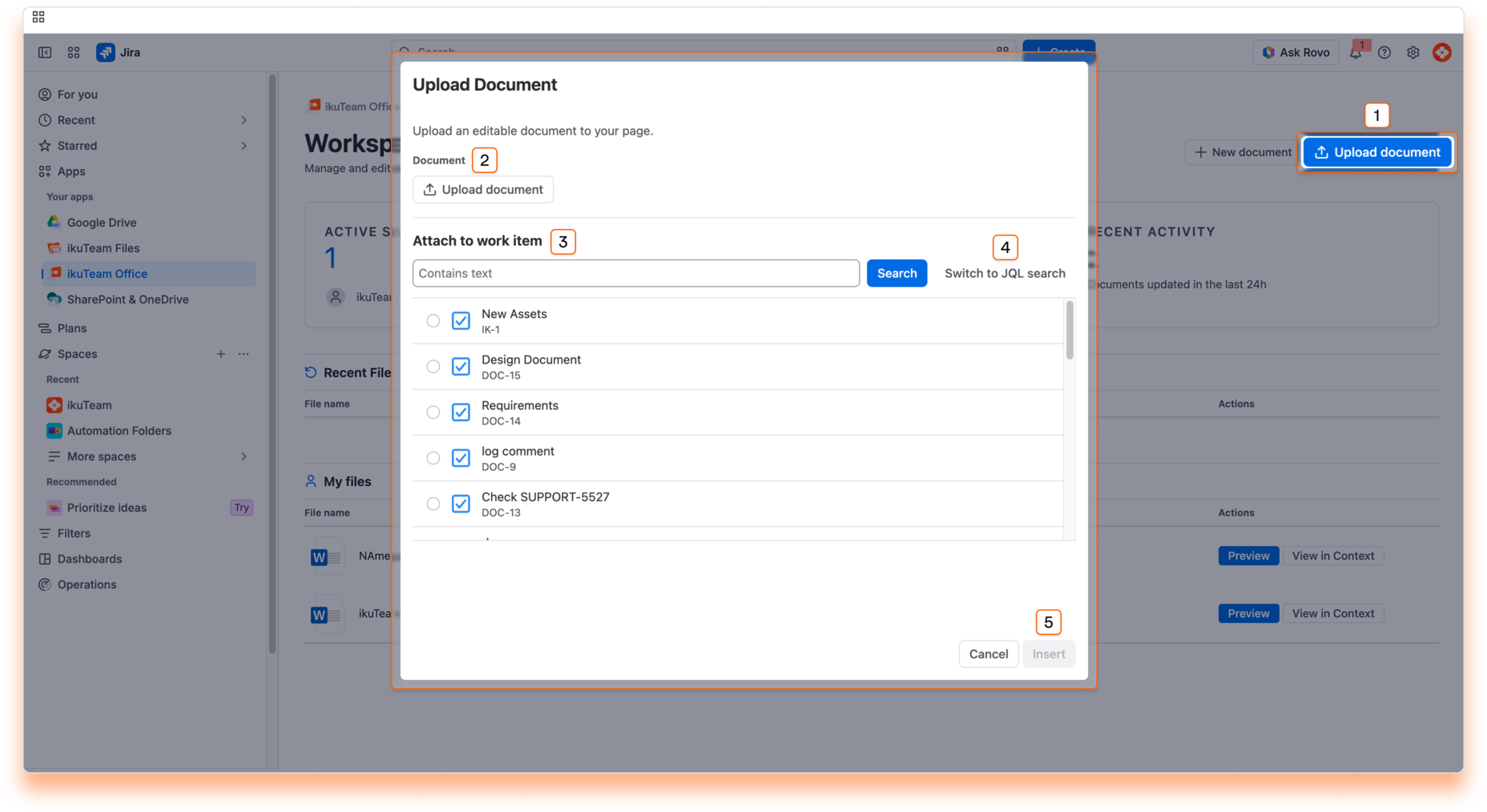 Upload existing document in ikuTeam Office for Jira