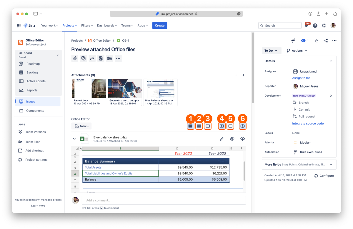 Layout toolbar in ikuTeam Office for Jira
