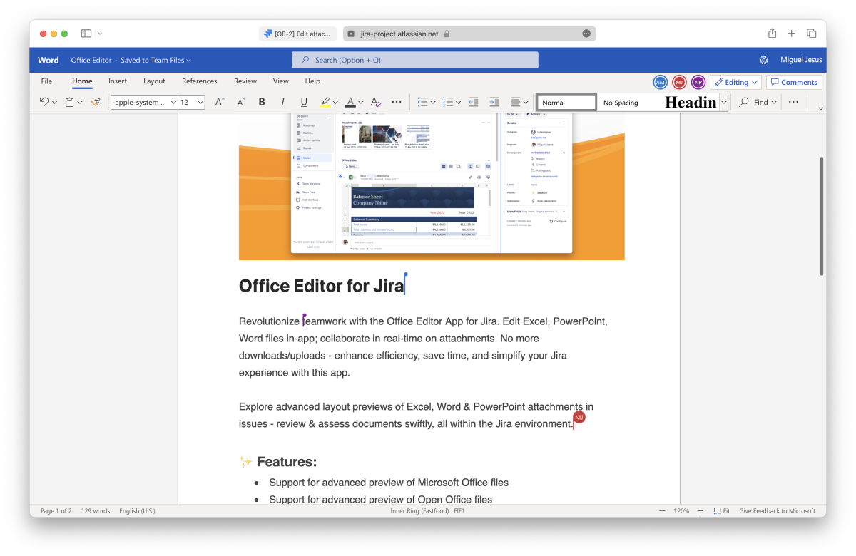 Editing a document in ikuTeam Office for Jira