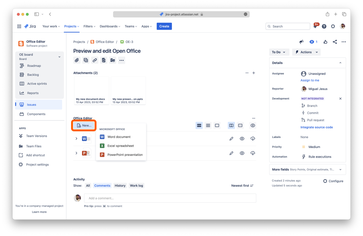Creating a new file in ikuTeam Office for Jira