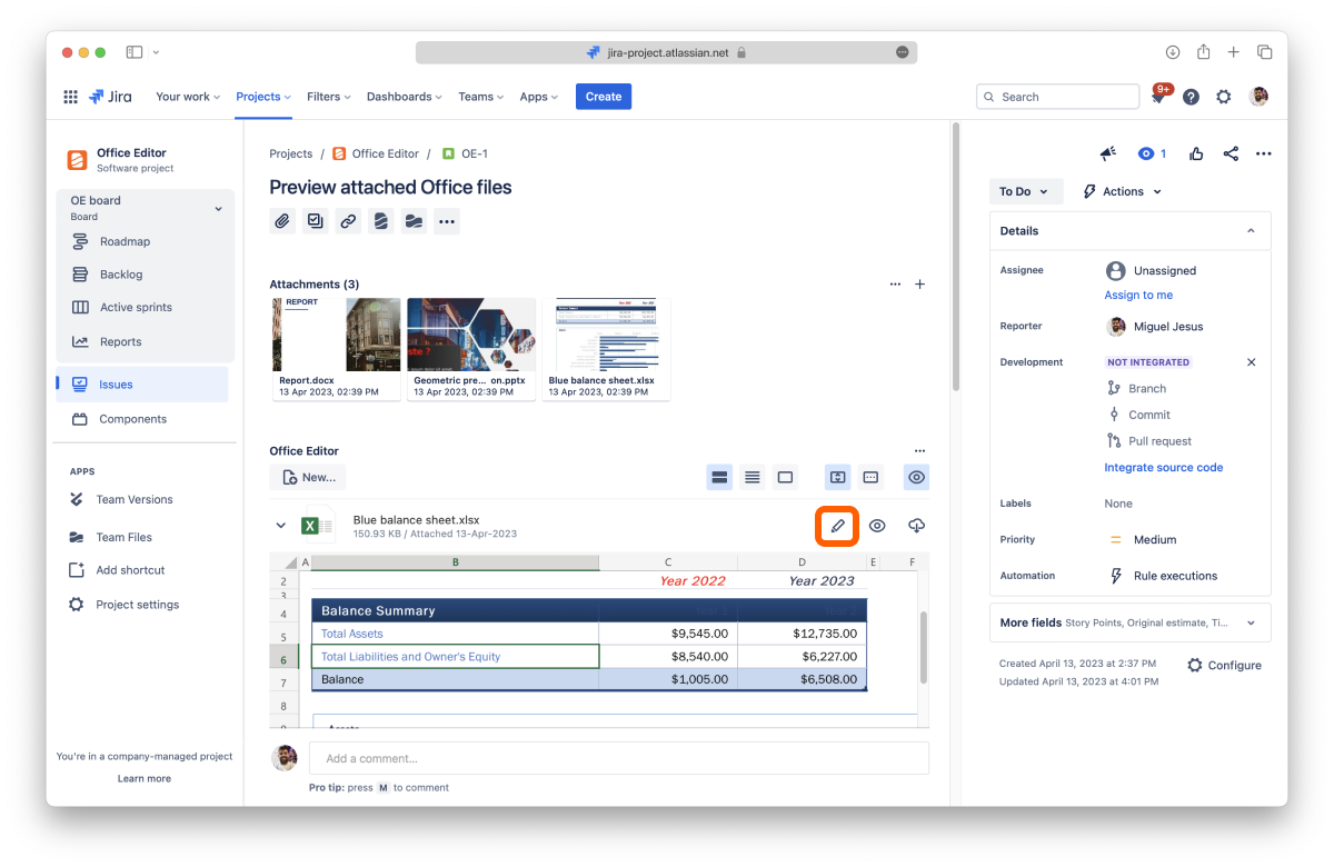 Edit button in ikuTeam Office for Jira