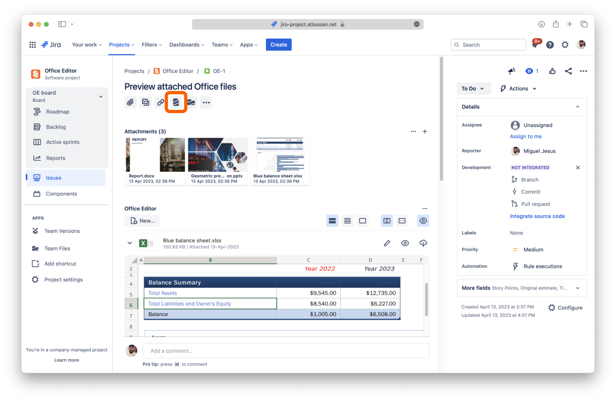 ikuTeam Office for Jira app on a Jira work item