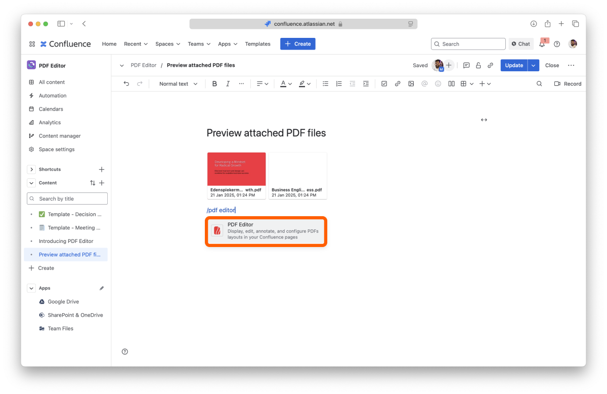 Adding the PDF for Confluence macro to a page
