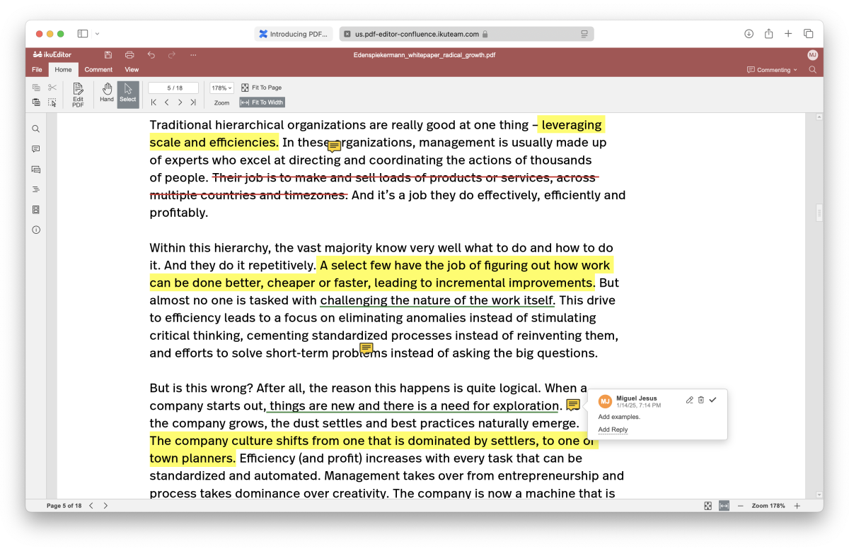 Editing and annotating a PDF document in PDF for Confluence