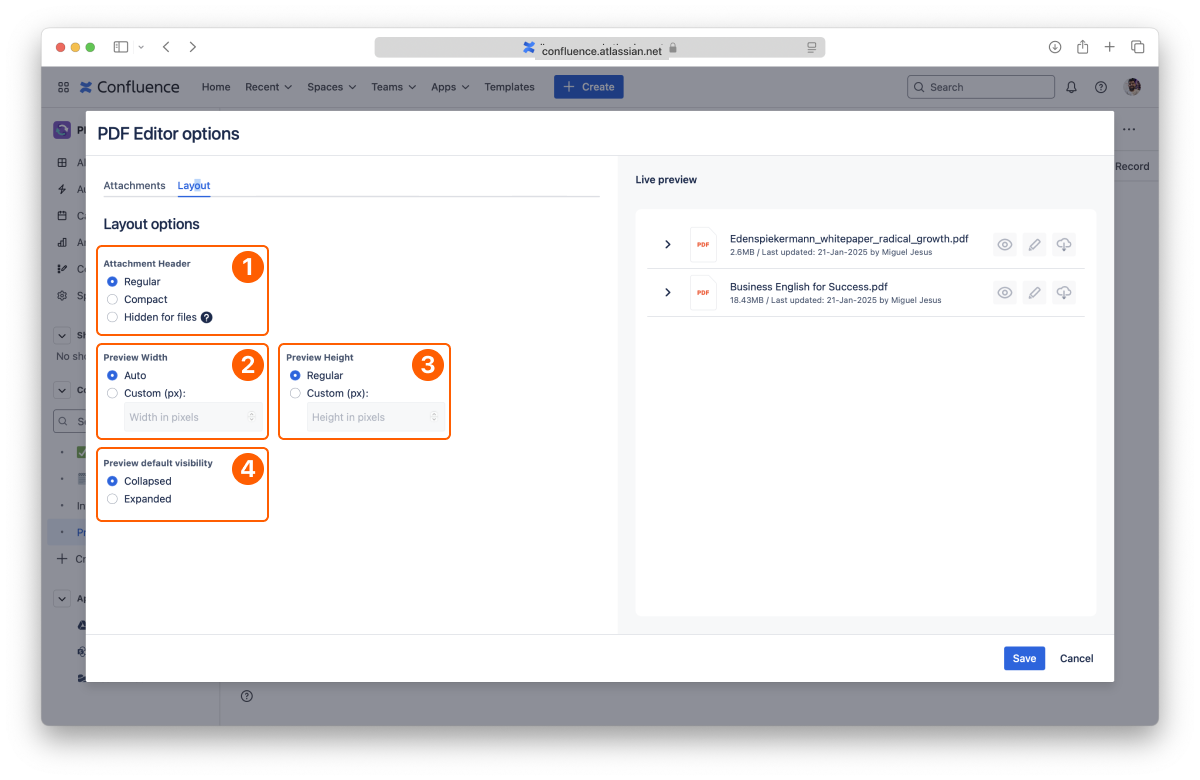 Layout options in the PDF for Confluence macro settings