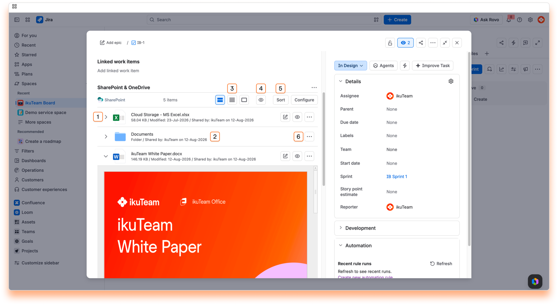 SharePoint & OneDrive panel on a work item with numbered callouts for the disclosure button, document info, header options, preview, sort options, and context options