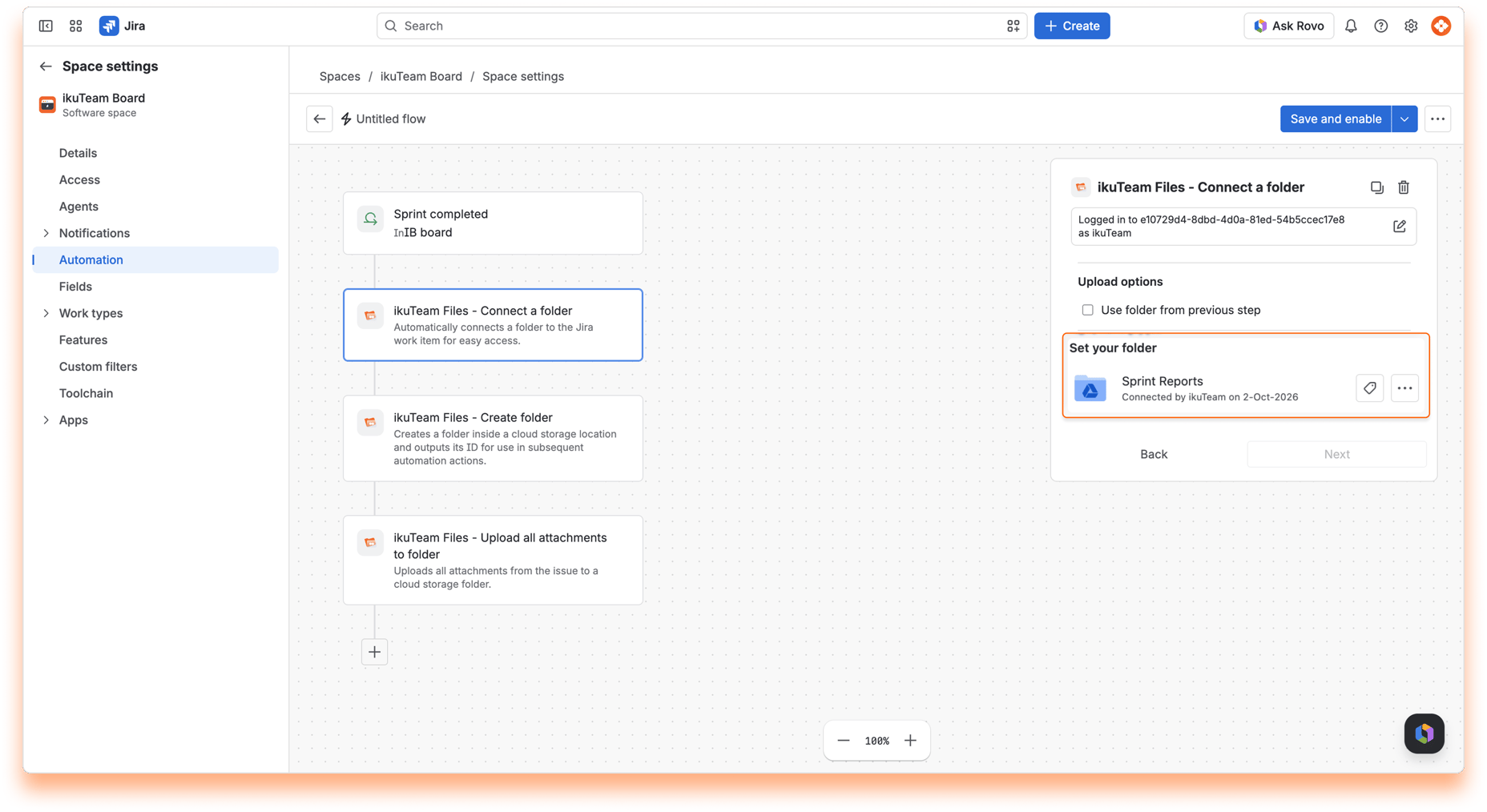 “ikuTeam Files - Connect a folder” action set to the Sprint Reports folder, with a “Sprint completed” trigger