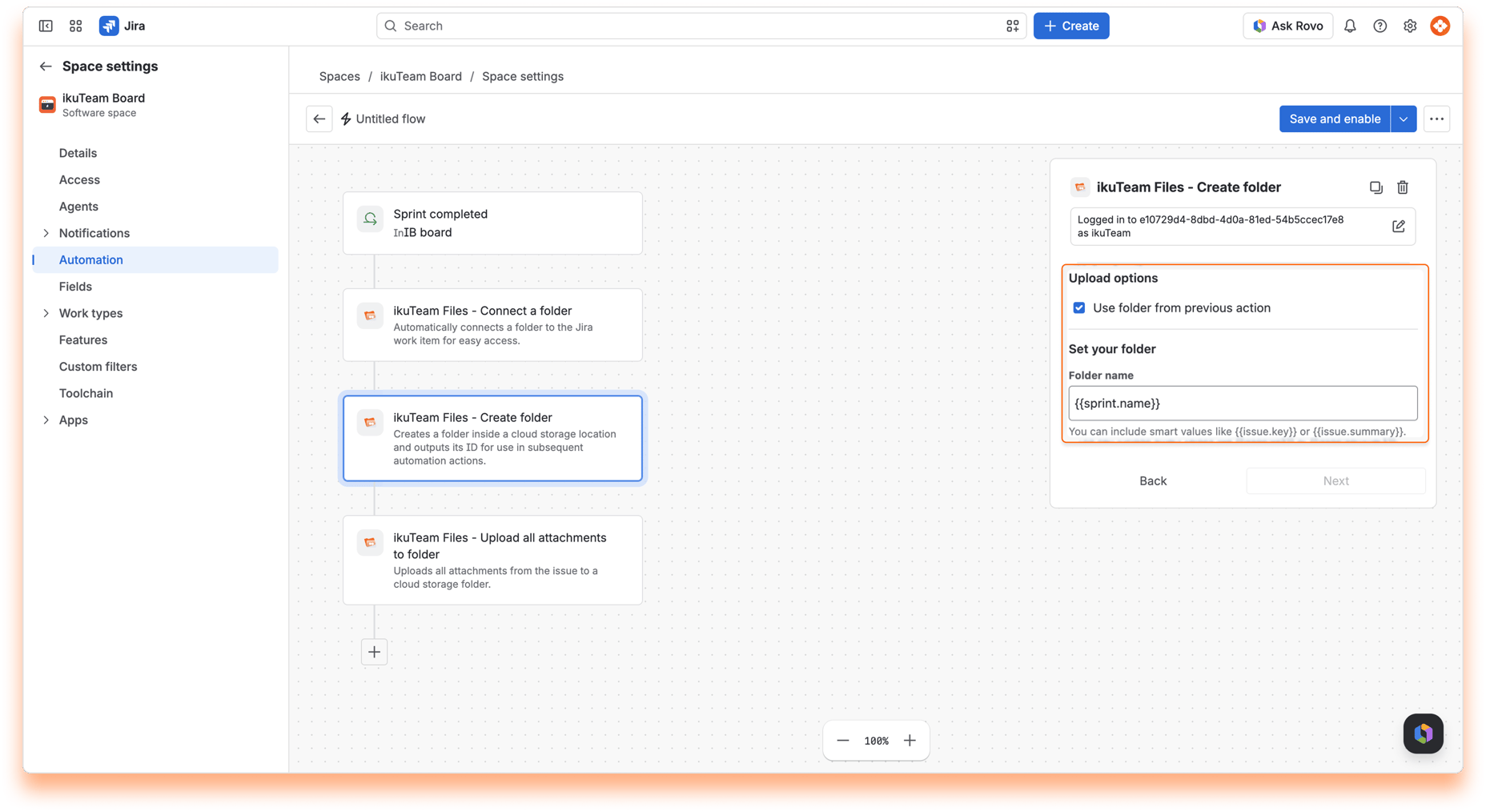 “ikuTeam Files - Create folder” action with “Use folder from previous action” selected and the sprint name as the folder name