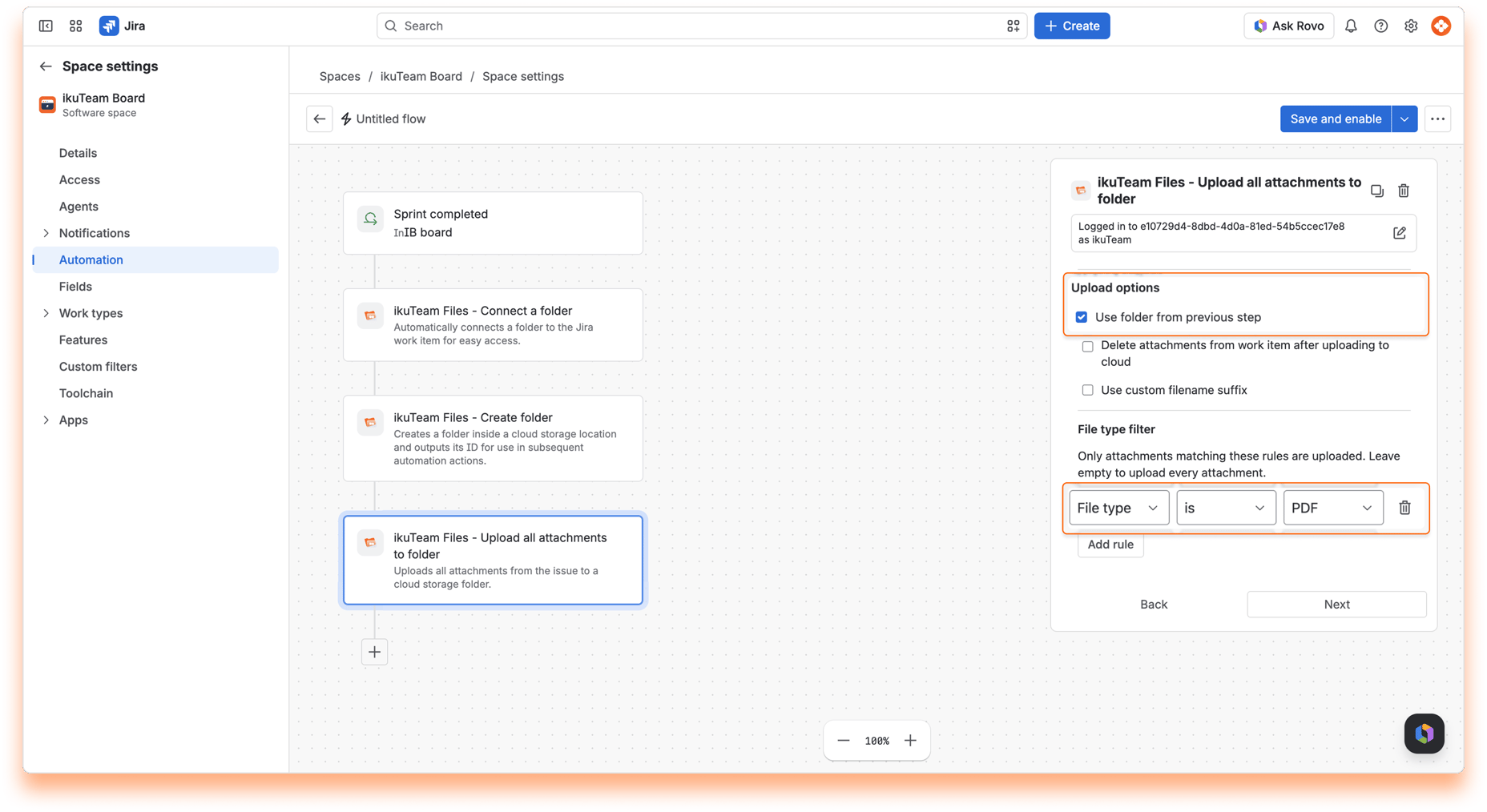 “ikuTeam Files - Upload all attachments to folder” action with “Use folder from previous step” selected and a PDF file type filter