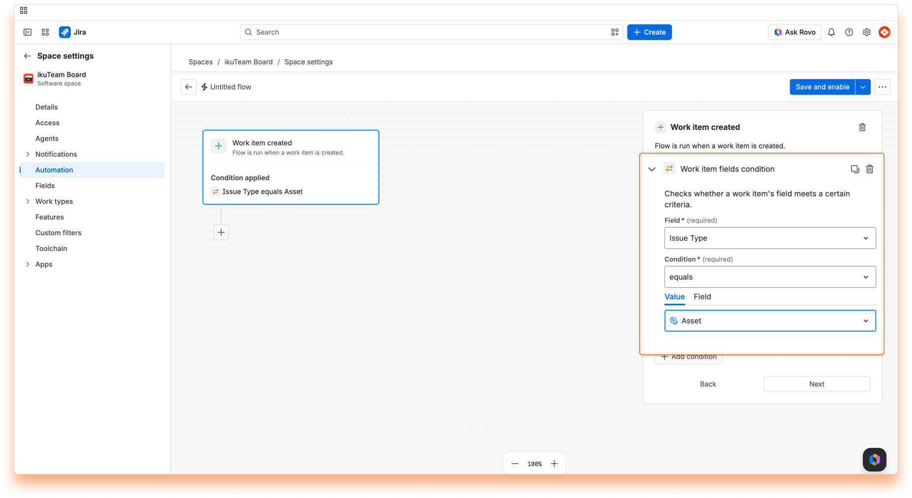 Automation flow with the “Work item created” trigger and a work item fields condition where Issue Type equals Asset