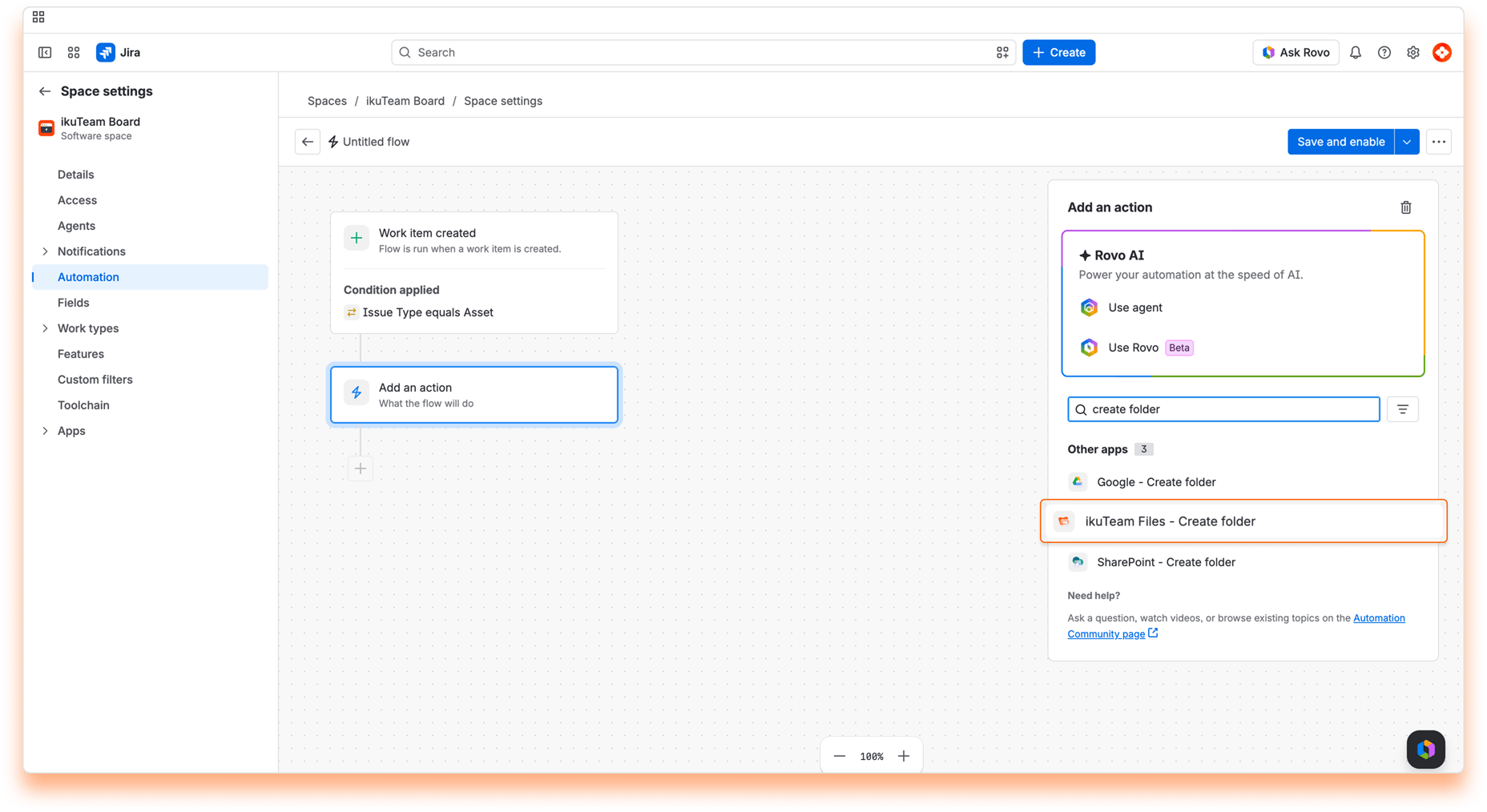 “Add an action” panel with “ikuTeam Files - Create folder” highlighted in the search results