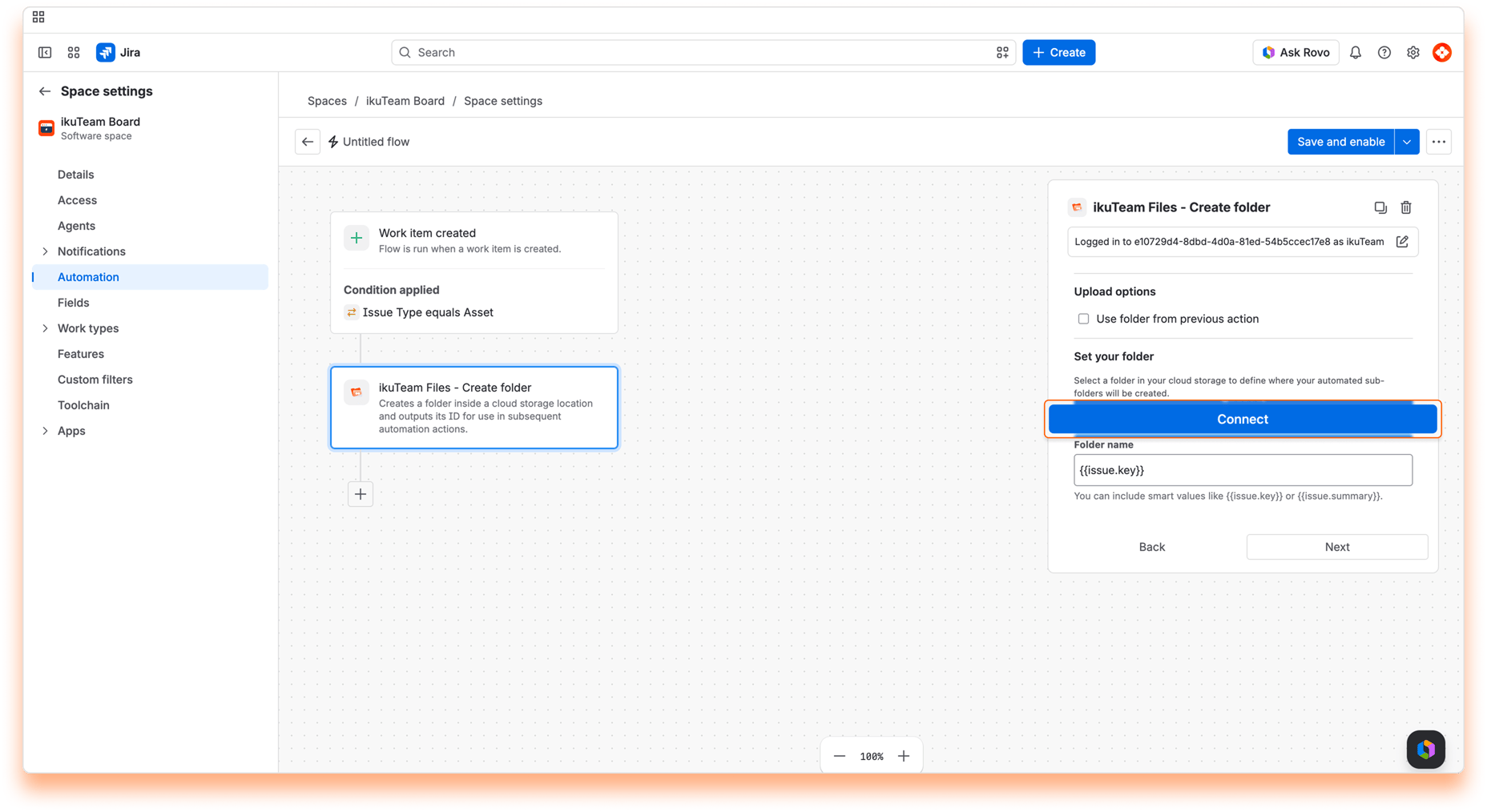 “ikuTeam Files - Create folder” action with the “Connect” button highlighted