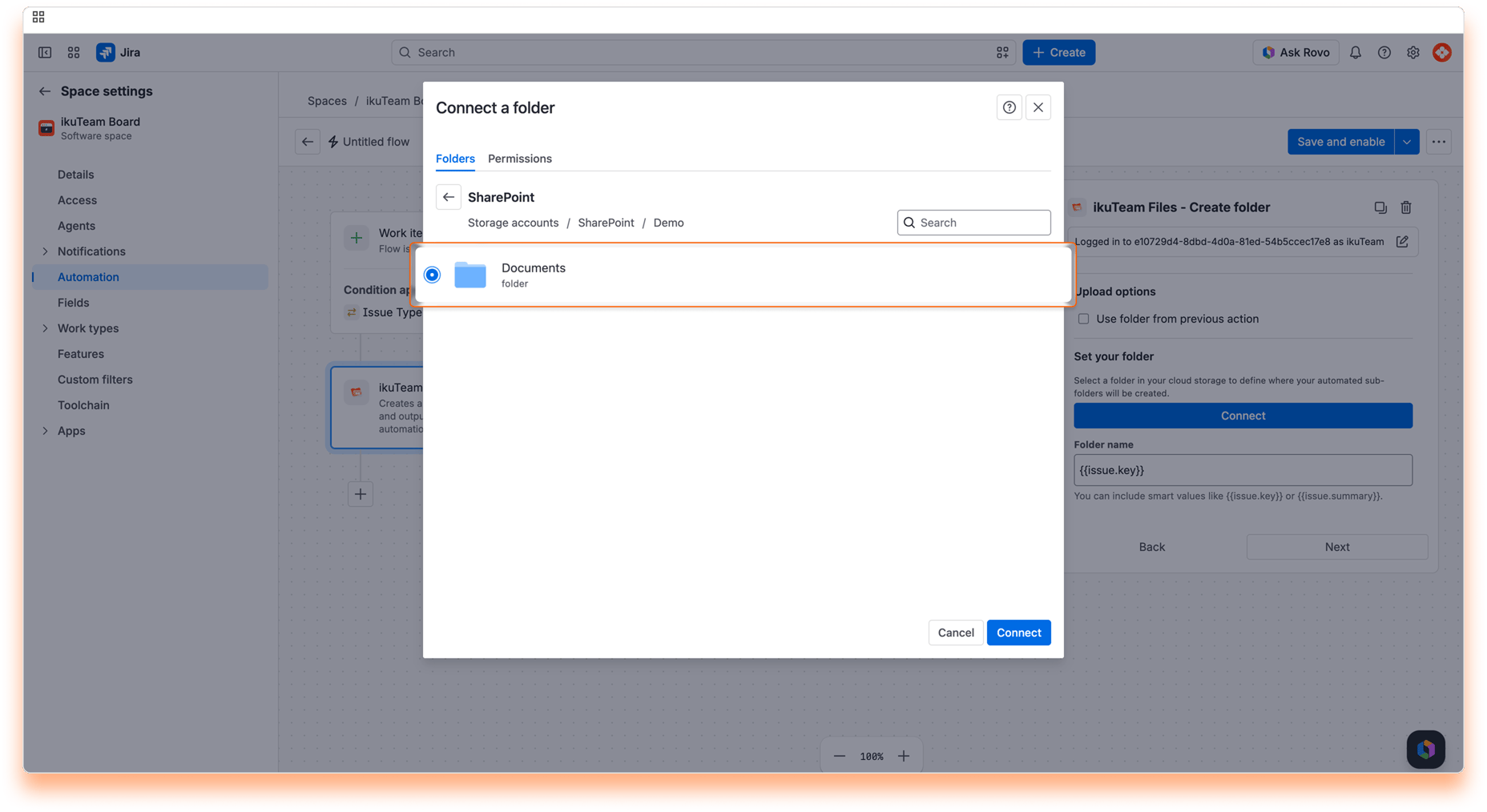 “Connect a folder” dialog with the SharePoint Documents folder selected