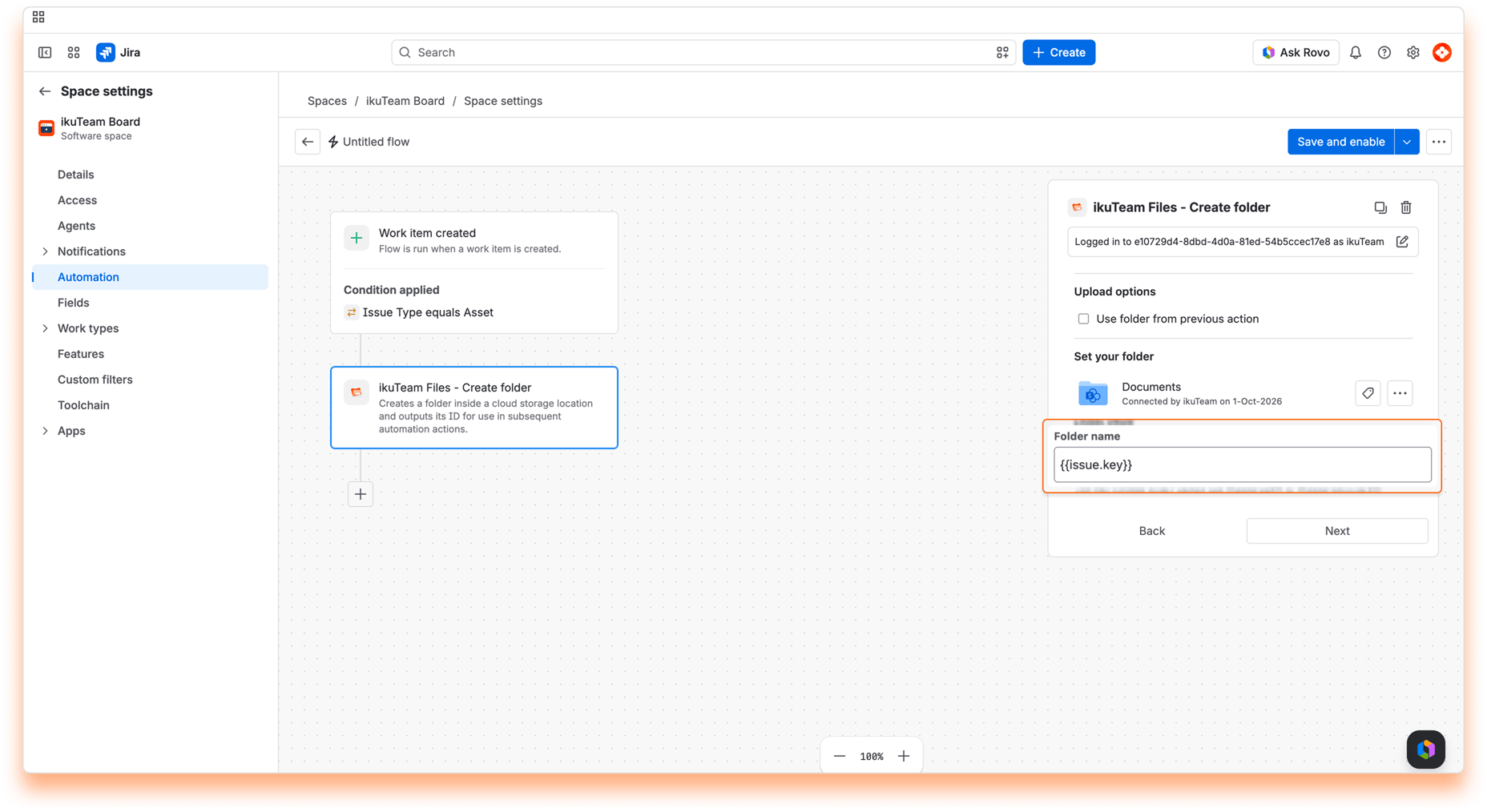 “Folder name” field set to the  smart value in the “Create folder” action