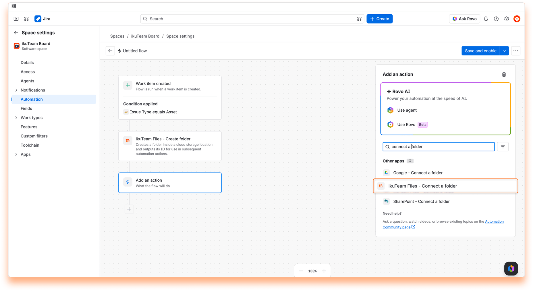 “Add an action” panel with “ikuTeam Files - Connect a folder” highlighted in the search results