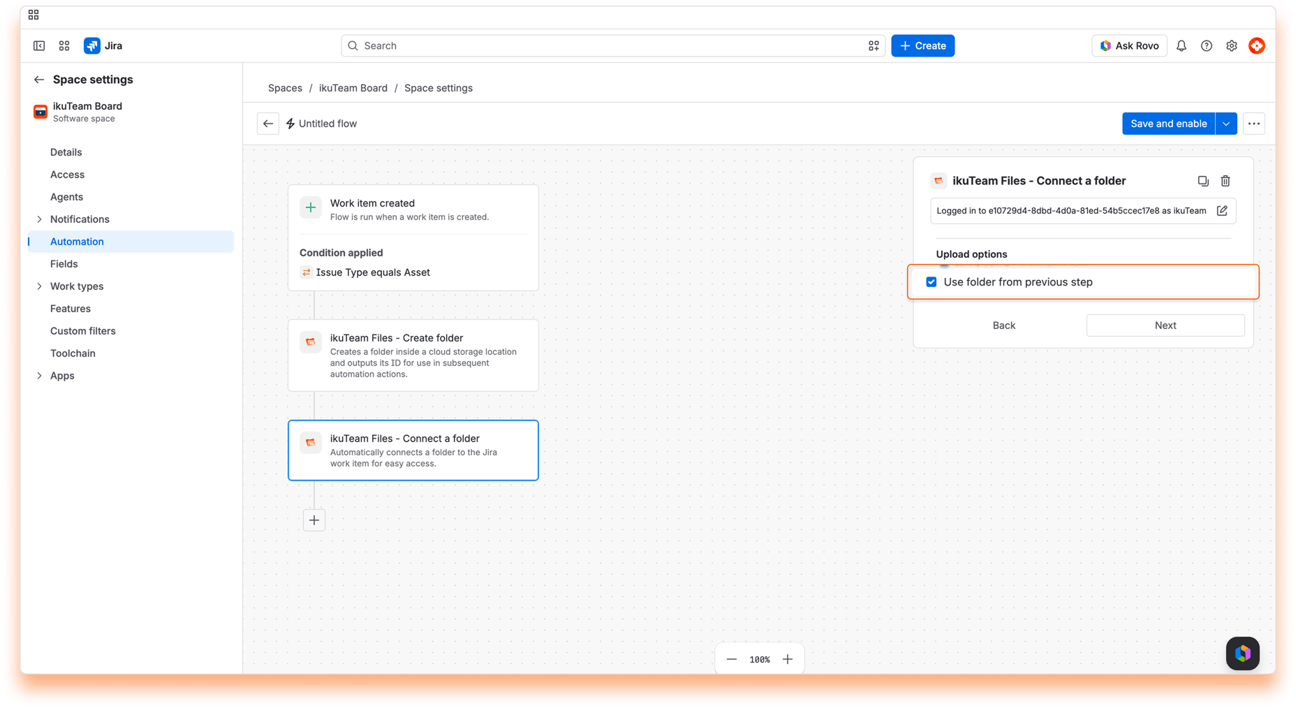 “ikuTeam Files - Connect a folder” action with “Use folder from previous step” selected