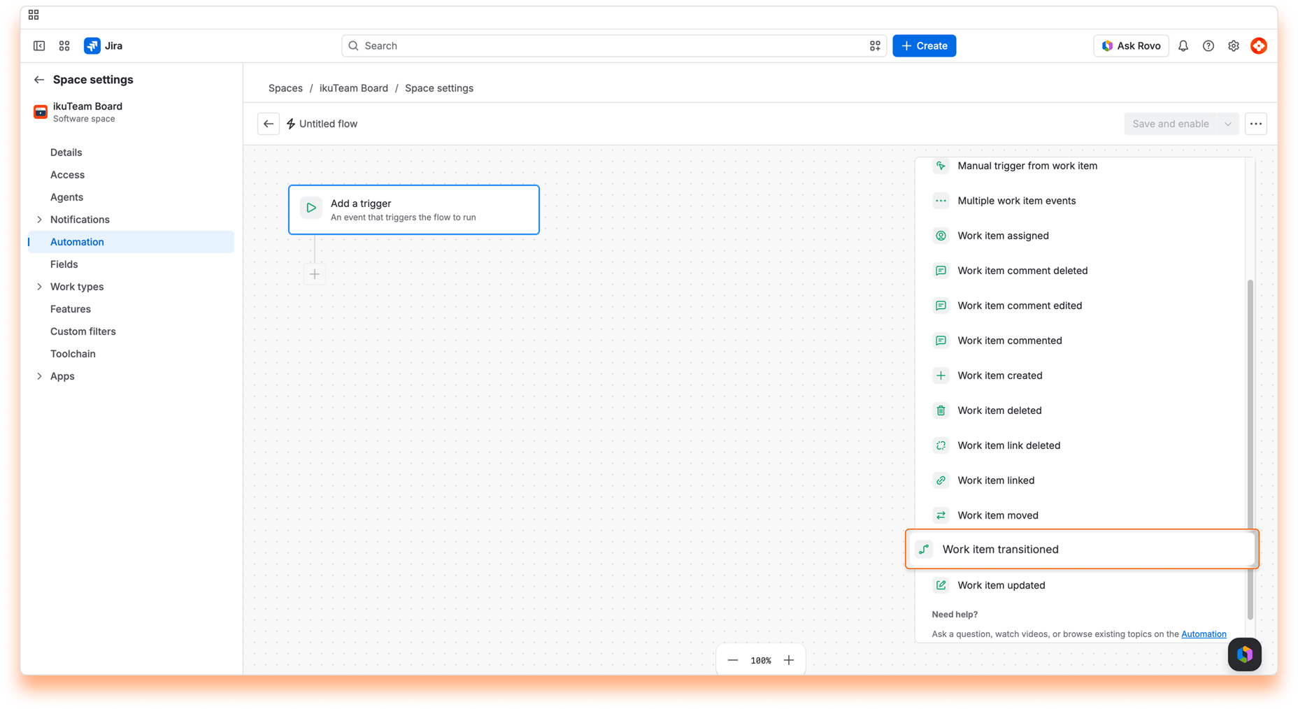 Trigger list with “Work item transitioned” highlighted