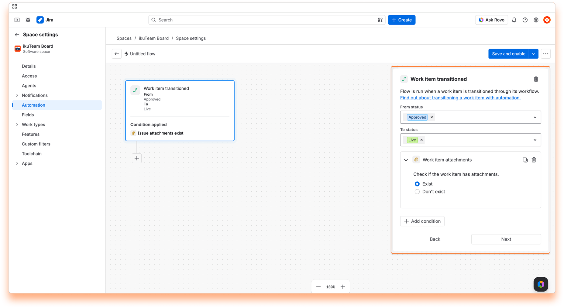 “Work item transitioned” trigger from Approved to Live with a condition that work item attachments exist
