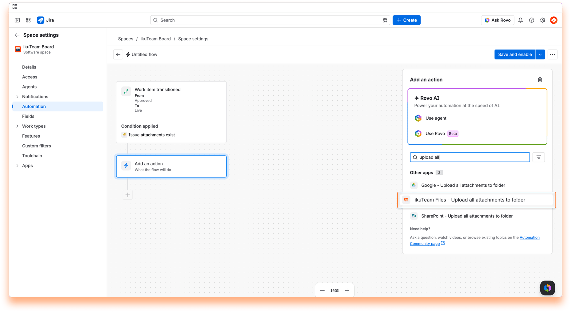 “Add an action” panel with “ikuTeam Files - Upload all attachments to folder” highlighted