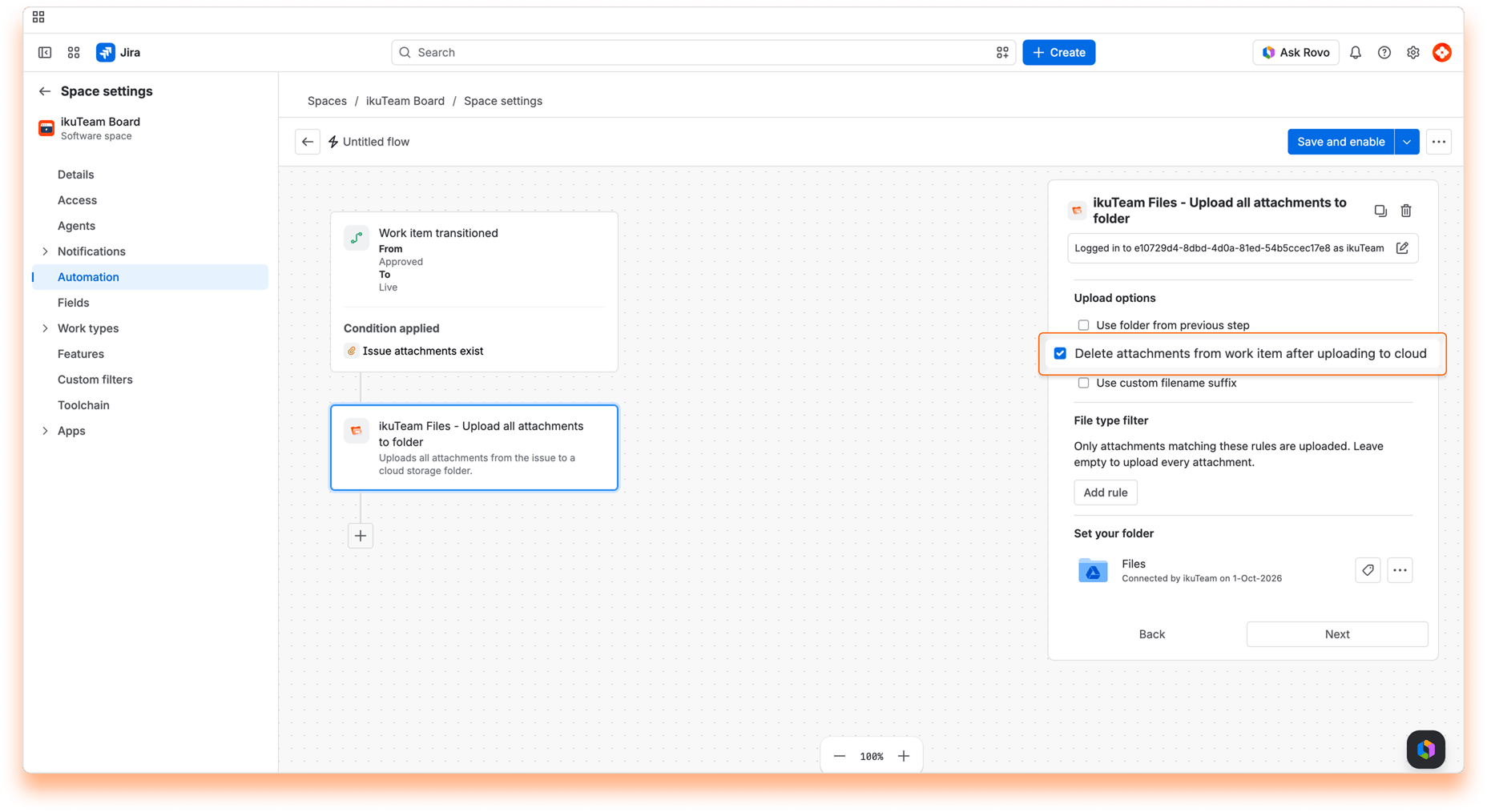 “ikuTeam Files - Upload all attachments to folder” action with “Delete attachments from work item after uploading to cloud” selected