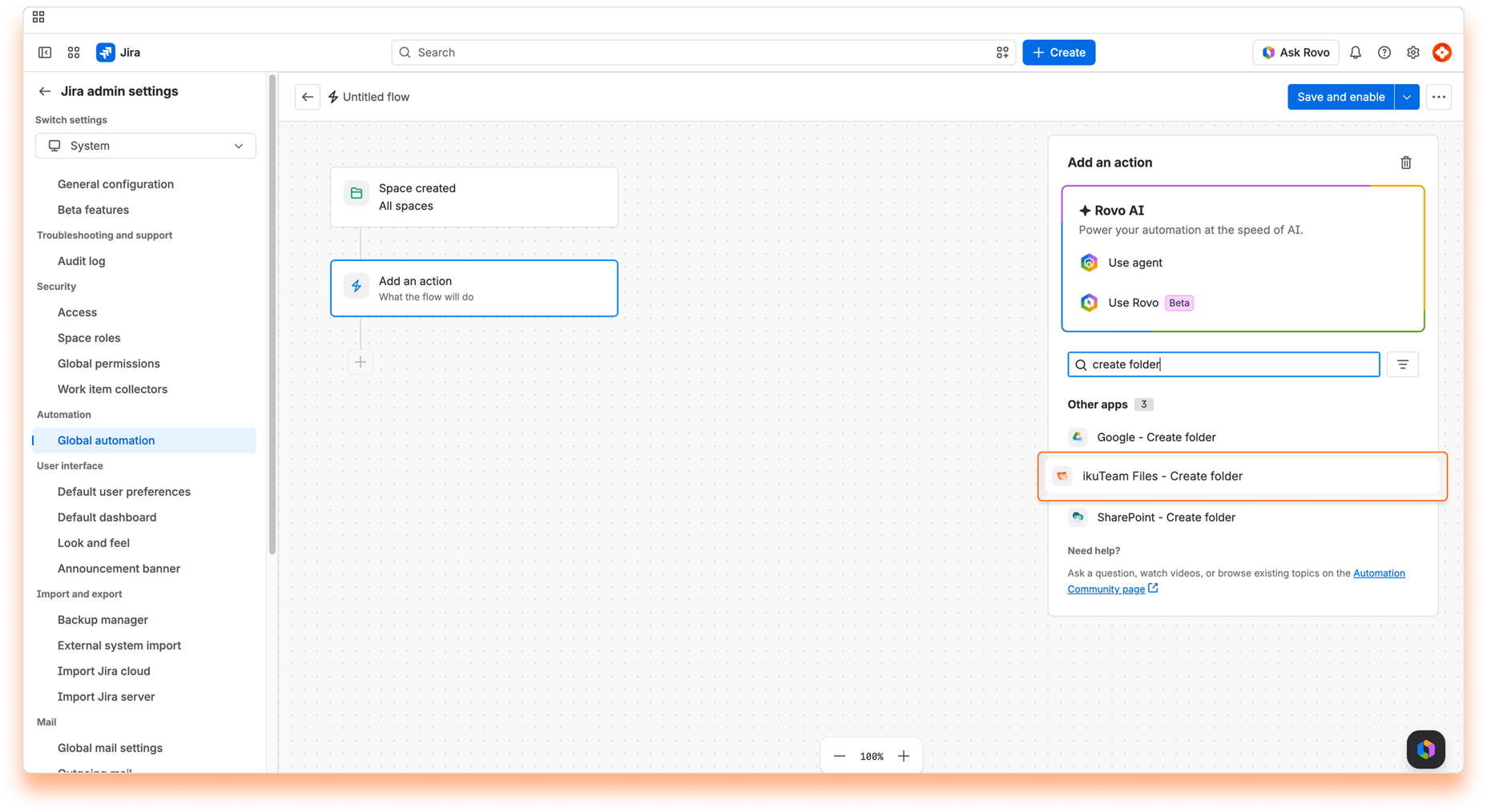 “Add an action” panel with “ikuTeam Files - Create folder” highlighted
