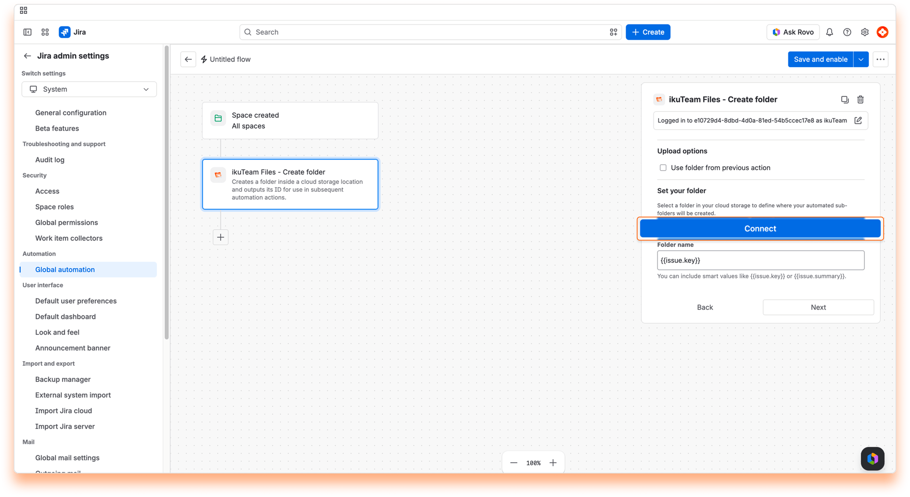 “ikuTeam Files - Create folder” action with the “Connect” button highlighted