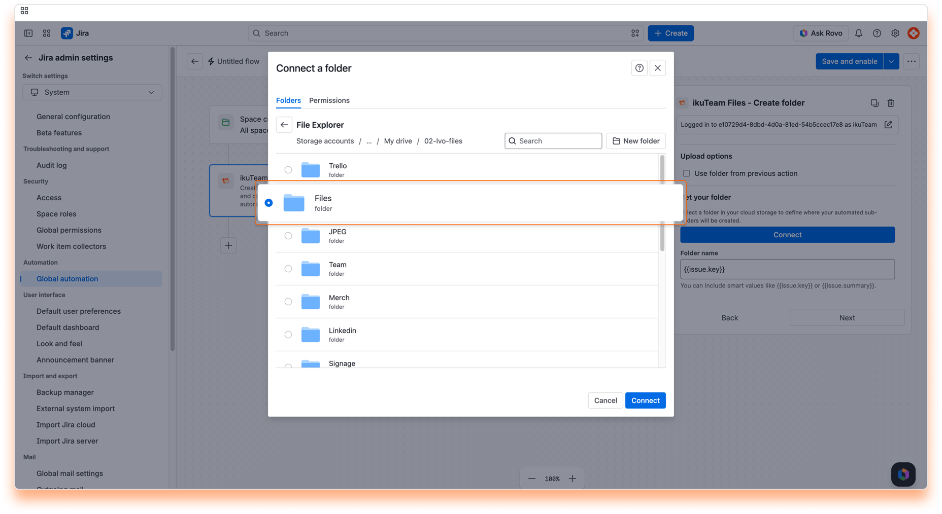 “Connect a folder” dialog with the Files folder selected