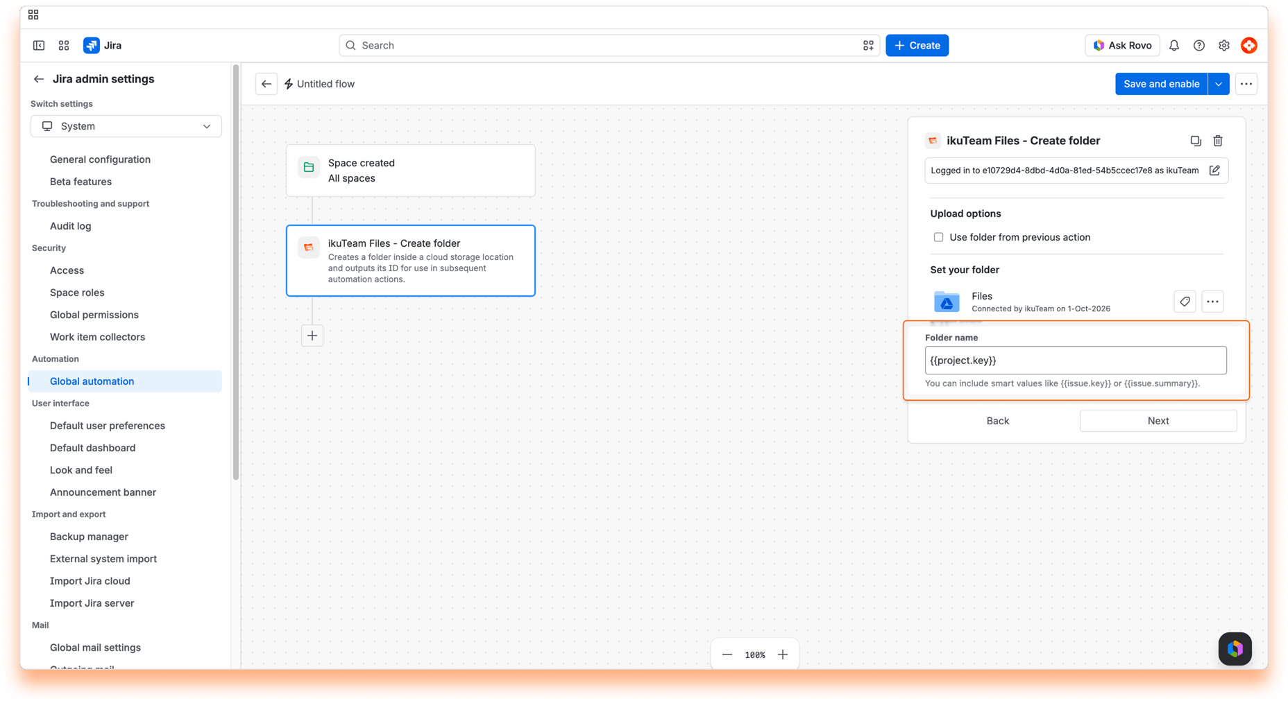 “Create folder” action with the folder name set to a space key smart value