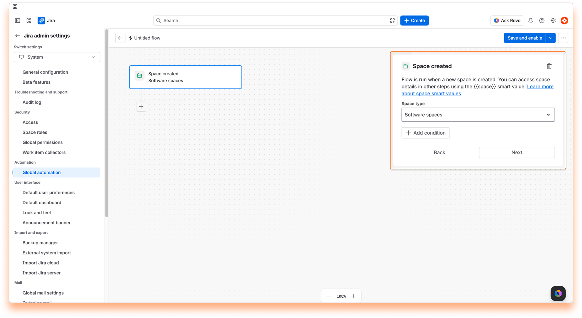 “Space created” trigger configured for software spaces