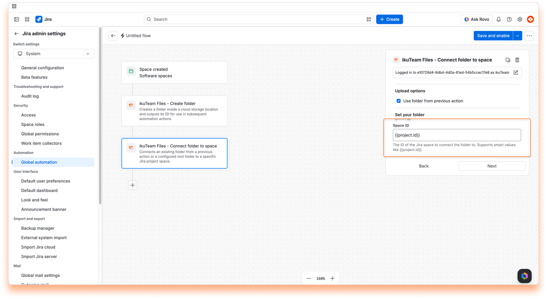 “ikuTeam Files - Connect folder to space” action with “Use folder from previous action” selected and the Space ID set to 