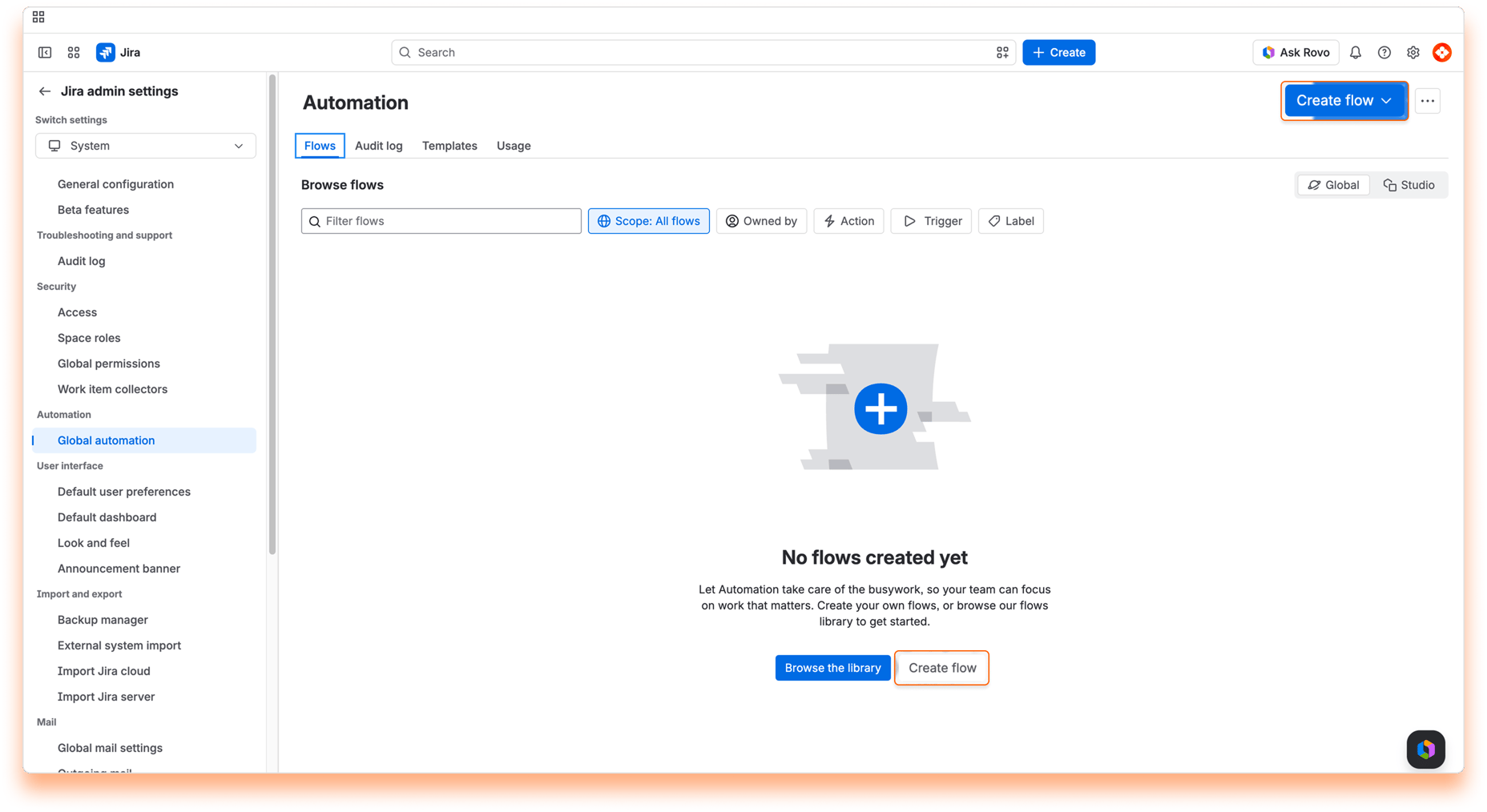 Global automation page with the “Create flow” button highlighted