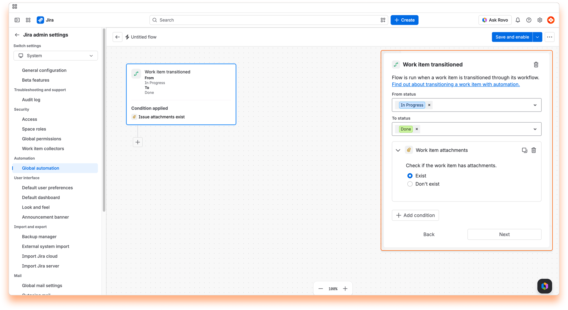 “Work item transitioned” trigger from In Progress to Done with a condition that work item attachments exist